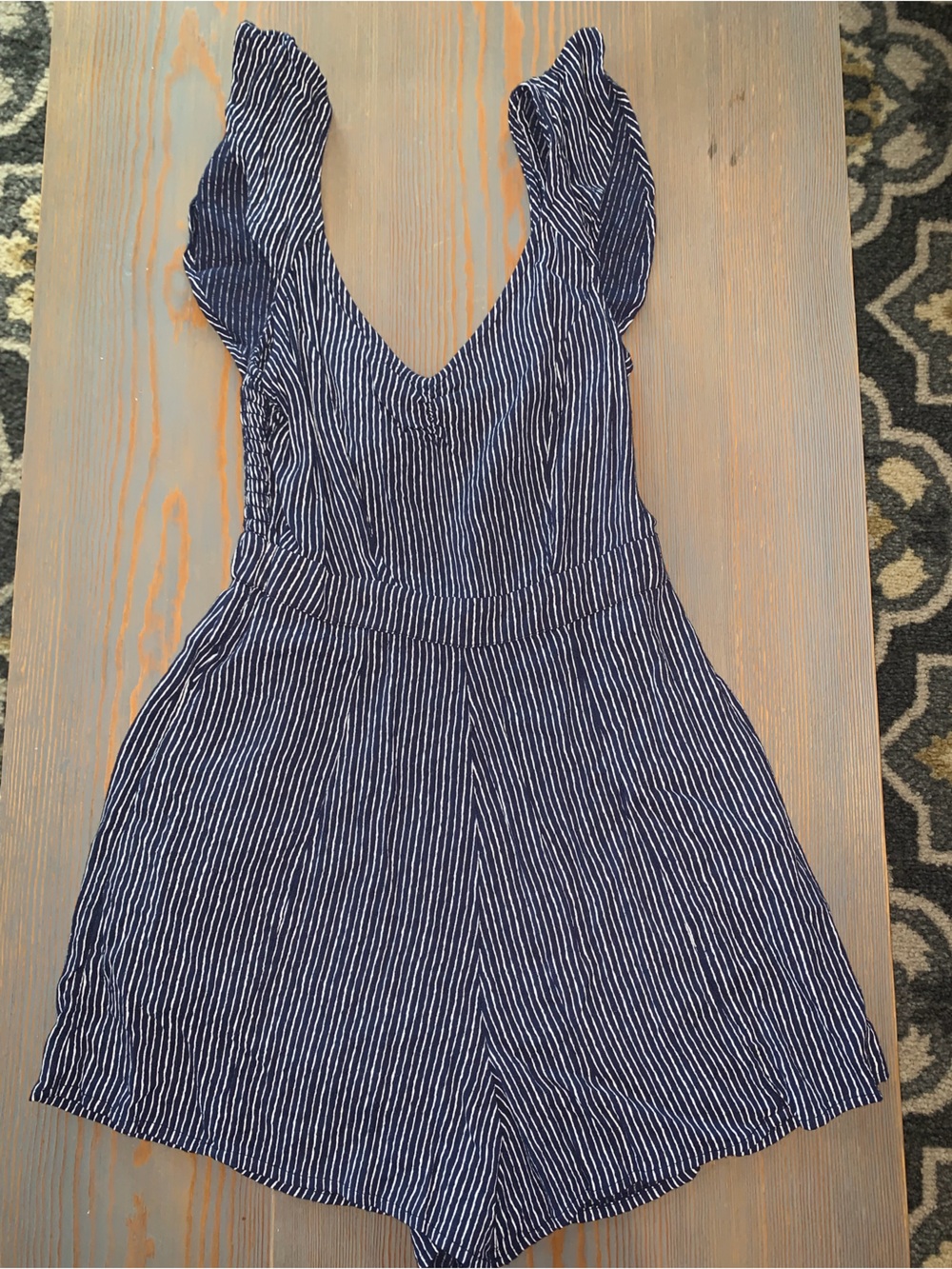 Women’s American Eagle Navy and White Striped V-Neck Romper